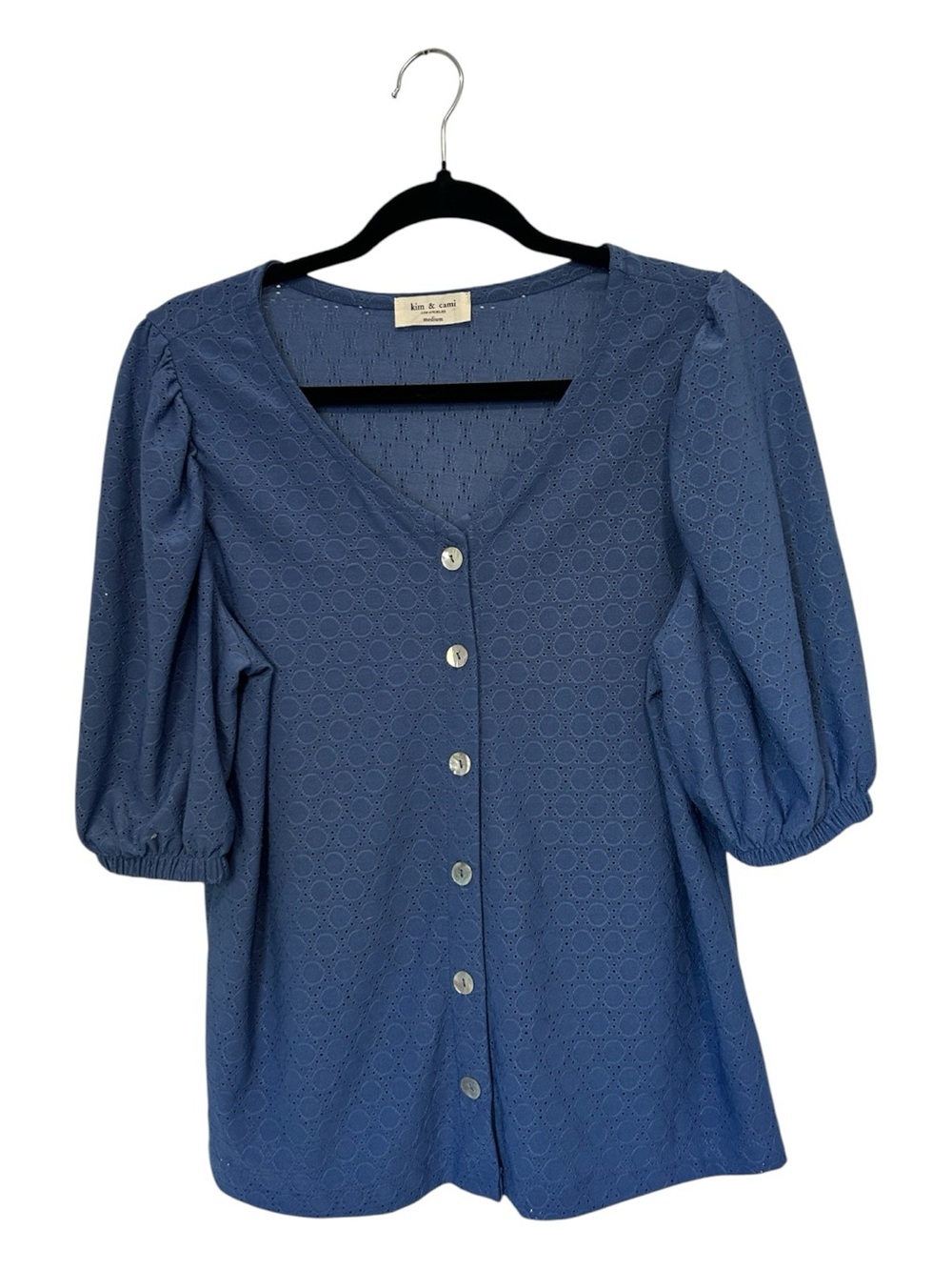 Kim & Cami Dusty Blue Eyelet Button-Front Puff Sleeve Blouse